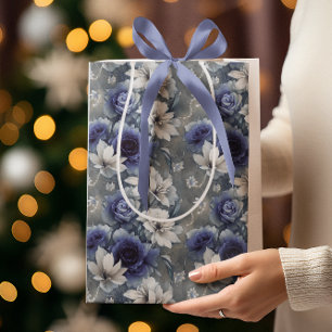 Elegant Blue and White Roses and Lilies Medium Gift Bag