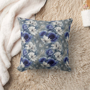 Elegant Blue and White Roses and Lilies Throw Pillow