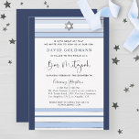 Elegant Blue and White Striped Tallit Bar Mitzvah Invitation<br><div class="desc">Invite friends and family with this elegant Bar Mitzvah invitation with blue and white striped tallit design! Invite with stripes in pale blue, silver white and navy blue tones. Ability to add your ceremony and reception, luncheon, dinner or party details! Watercolor celestial map with constellations on the bottom border. Silver...</div>