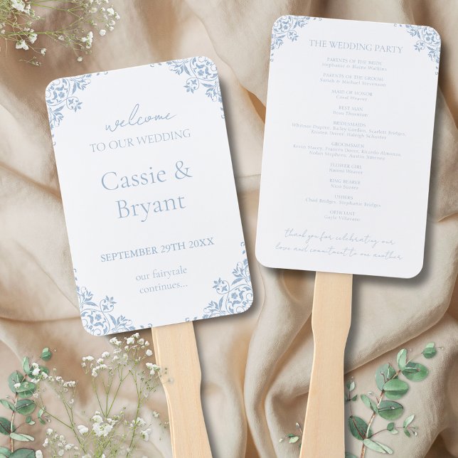 Elegant Blue and White Vintage Fan Wedding Program (Elegant blue and white vintage shabby chic coastal bridgerton inspired old money wedding program fan)