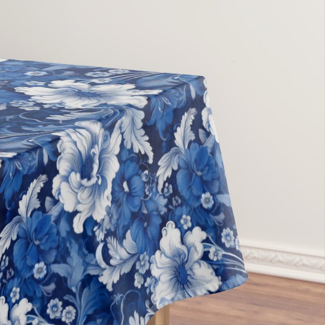 Elegant Blue and White Vintage Floral Tablecloth (In Situ)