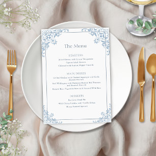 Elegant Blue and White Vintage Frame Wedding Menu