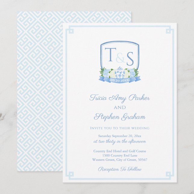 Elegant Blue And White Watercolor Crest Wedding Invitation (Front/Back)