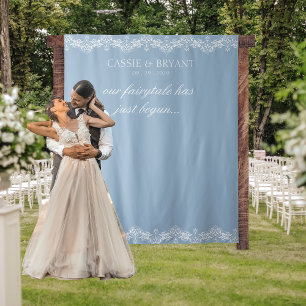 Elegant Blue and White Wedding Photo Backdrop Tapestry
