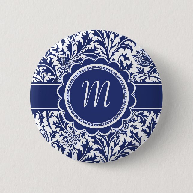 Elegant Blue and White William Morris Floral 2 Inch Round Button (Front)