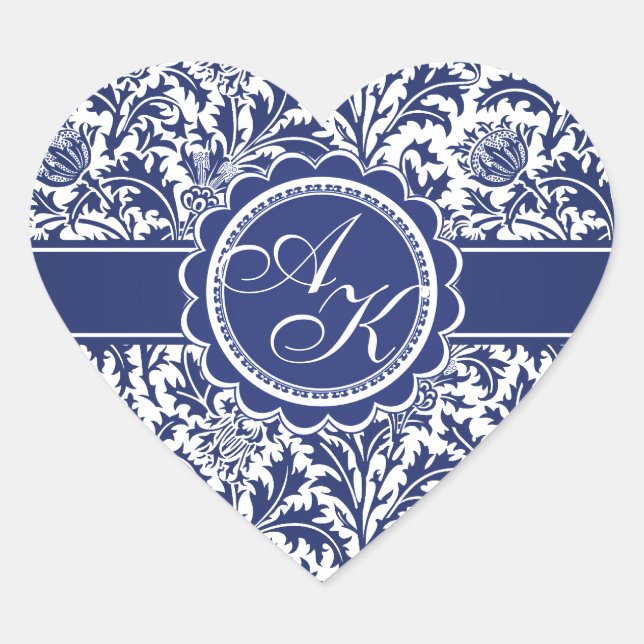 Elegant Blue and White William Morris Floral Heart Sticker (Front)