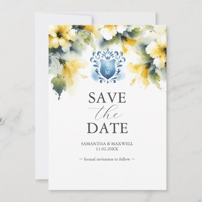 Elegant Blue and Yellow Floral Save The Date Cards (Front)