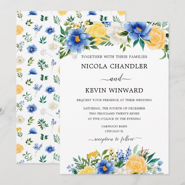 Elegant Blue and Yellow Floral Wedding Invitation (Front/Back)