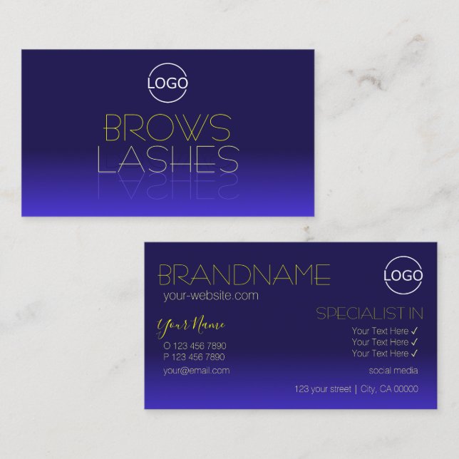 Elegant Blue and Yellow Mirror Letters with Logo Business Card (Front/Back)