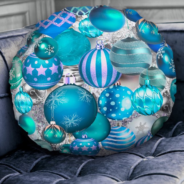 Elegant blue aqua Christmas ornaments holidays Round Pillow (Creator Uploaded)