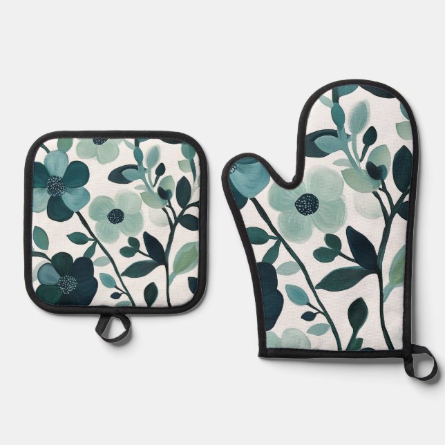 Elegant Blue Aqua Floral Kitchen Oven Mitt Set (Front)