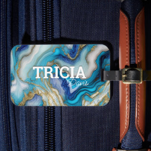 Elegant blue aqua marble art faux glitter monogram luggage tag