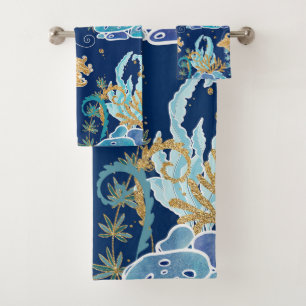 Elegant Blue Aqua Turquoise Gold Glitter Ocean Bath Towel Set