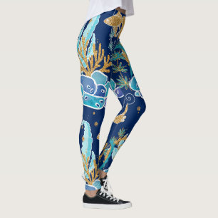 Elegant Blue Aqua Turquoise Gold Glitter Ocean Leggings