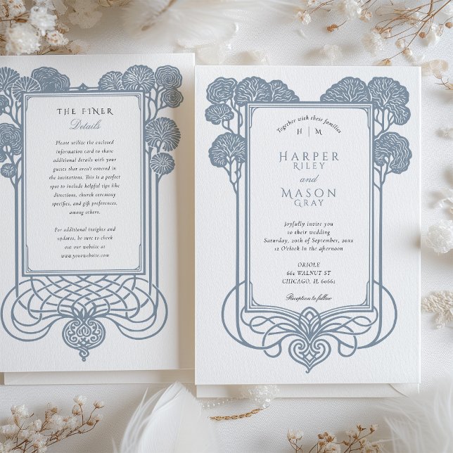 Elegant Blue Art Deco Tree Wedding Invitation (Creator Uploaded)