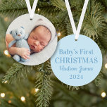 Elegant Blue Baby Boy First Christmas Photo Ornament<br><div class="desc">Baby's First Christmas holiday ornament design features a baby blue background with dusty blue "Baby's First Christmas" wording,  custom text that can be personalized with the baby boy's name and birth year. Include a favourite baby photo on the reverse side. Colours can be modified.</div>