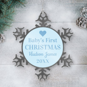 Elegant Blue Baby Boy First Christmas Snowflake Pewter Christmas Ornament