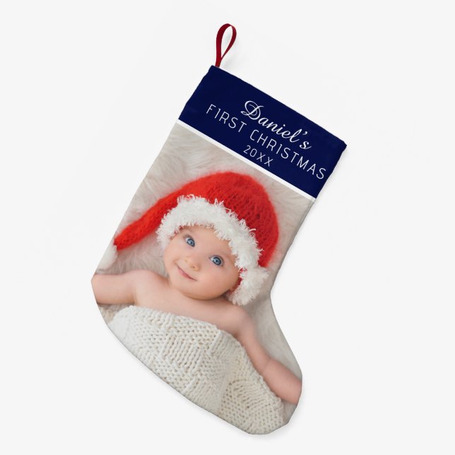 Elegant Blue Baby Photo Custom Name Small Christmas Stocking (Front (Hanging))