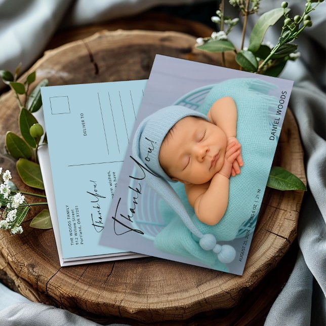Elegant Blue Baby Photo Thank You Postcard (Creator Uploaded)