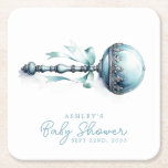 Elegant Blue Baby Rattle Boy Baby Shower Square Paper Coaster<br><div class="desc">Add a touch of charm to your baby shower with these elegant blue baby rattle square paper coasters. Featuring a vintage-inspired blue rattle design, these coasters are perfect for protecting your surfaces while complementing your baby shower décor. Customize them with a name or date to make them a memorable keepsake...</div>