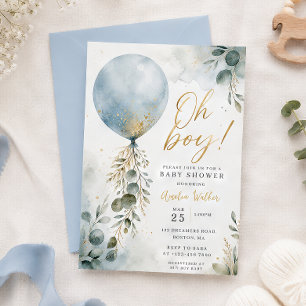 Elegant Blue Balloon Oh Boy Baby Shower Invitation