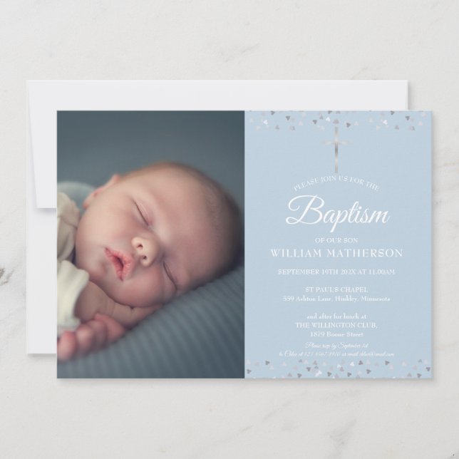 Elegant Blue Baptism, Christening Photo Invitation (Front)