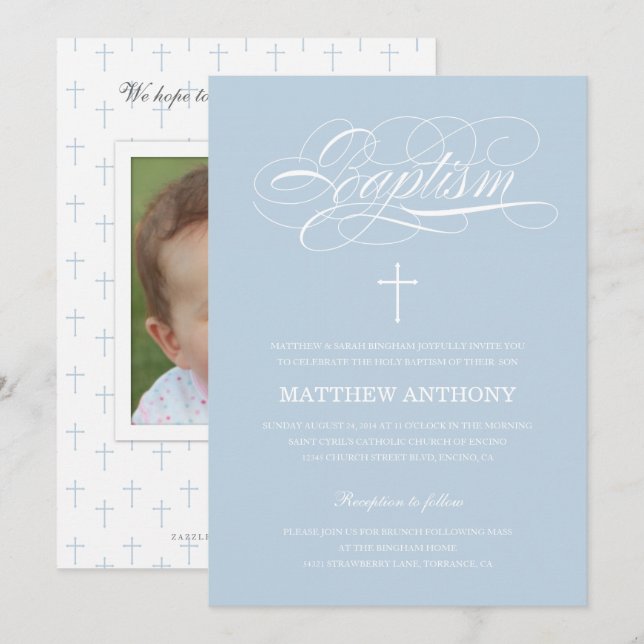 Elegant Blue Baptism Invitation | Christening (Front/Back)