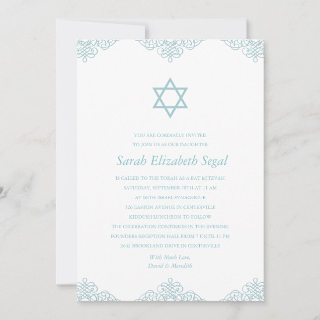 Elegant Blue Bat Mitzvah Invitation (Front)