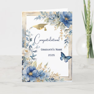 Elegant Blue Beige Flower Personalized Graduation Card