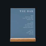 ** Elegant Blue Beverage Guide Acrylic Sign<br><div class="desc">This elegant acrylic sign features a clean, modern layout with a deep blue background and crisp white text. The design showcases a sophisticated menu for "The Bar, " listing categories like beer, wine, and spirits in a simple yet stylish font. Its minimalist aesthetic makes it perfect for enhancing the ambiance...</div>