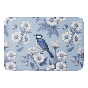 Elegant Blue Bird and White Floral Pattern Bath Mat