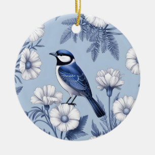 Elegant Blue Bird and White Floral Pattern Ceramic Ornament