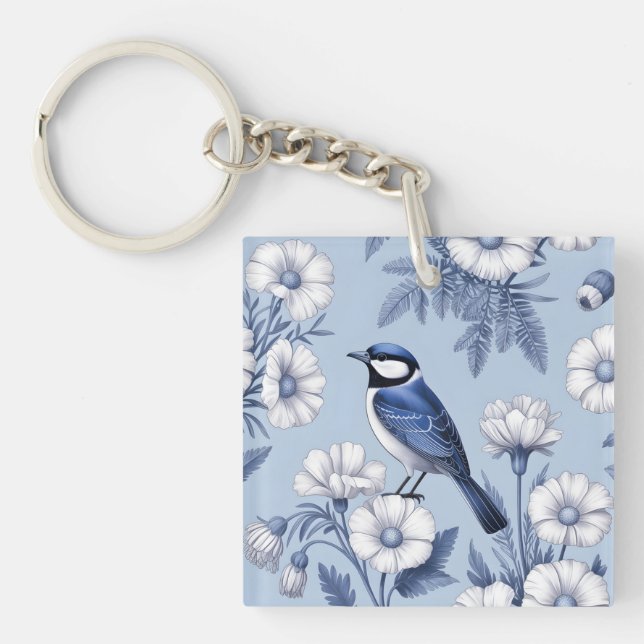 Elegant Blue Bird and White Floral Pattern Keychain (Front)