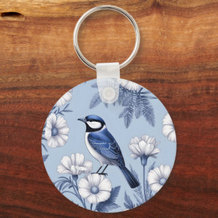Elegant Blue Bird and White Floral Pattern Keychain