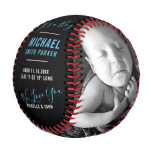 Elegant Blue Black Birth Announcement 2 Photo Name Baseball