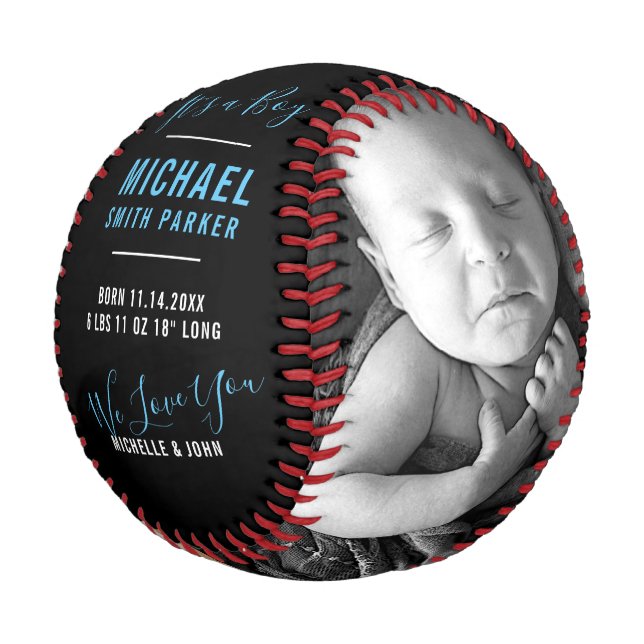 Elegant Blue Black Birth Announcement 2 Photo Name Baseball (Angled)