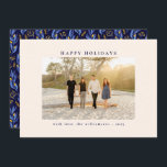 Elegant Blue Black Botanical Floral Unique Photo Holiday Card<br><div class="desc">Send your holiday cheer with this "Happy Holidays" family photo greeting, featuring a clean and elegant front design and a vibrant blue and gold floral pattern on the back. Perfect for both Christmas and Hanukkah celebrations, this card combines a modern layout with festive flair, making it ideal for showcasing your...</div>