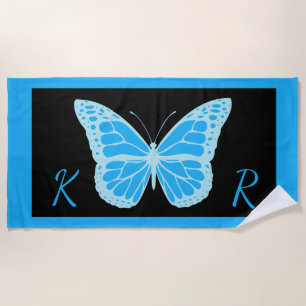 Elegant Blue Black Butterfly Monogrammed Beach Towel