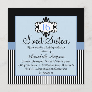 Elegant Blue & Black Chic Sweet 16 Invite