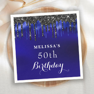 Elegant Blue Black Glitter Drips Birthday Party Napkin