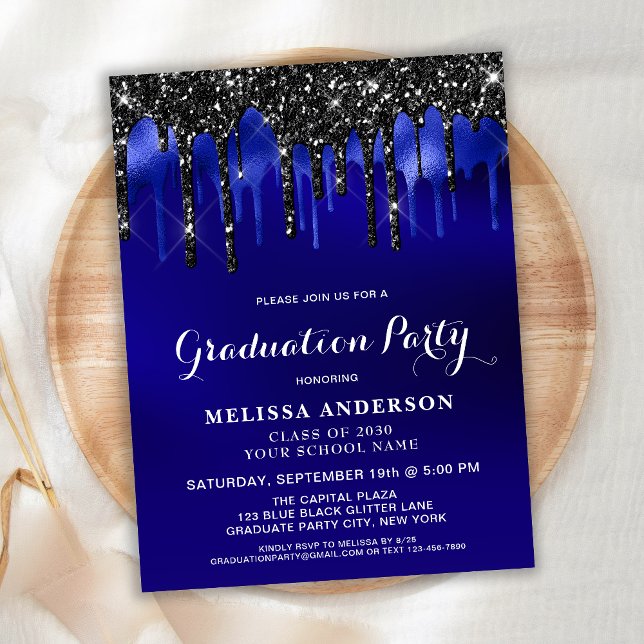 Elegant Blue Black Glitter Drips Graduation Party Invitation Postcard (Creator Uploaded)