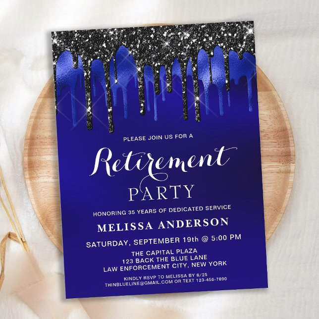 Elegant Blue Black Glitter Retirement Party Invite (Creator Uploaded)