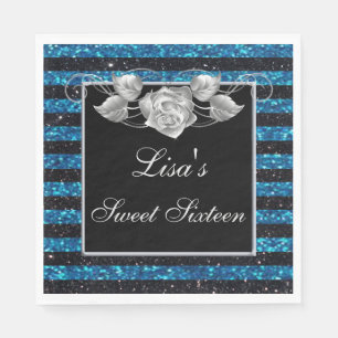 Elegant Blue Black Glitter Silver Rose Sweet 16 Napkin