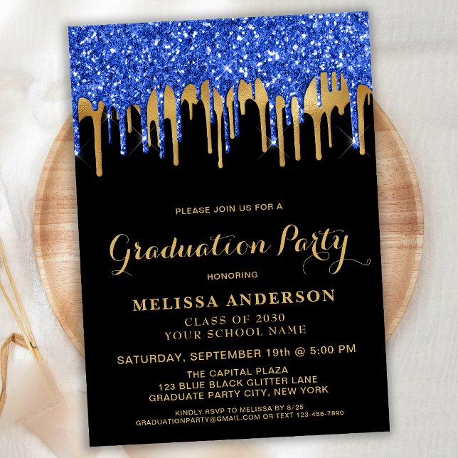 Elegant Blue Black Gold Glitter Drips Graduation Invitation (Creator Uploaded)