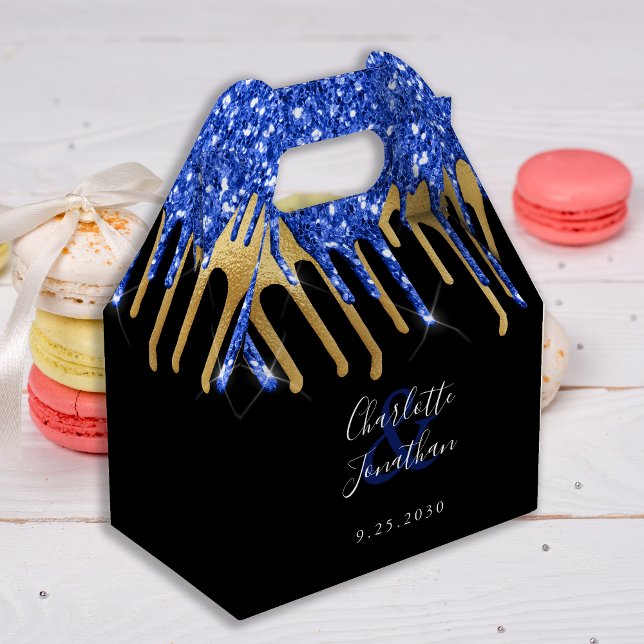 Elegant Blue Black Gold Glitter Drips Wedding Favor Box (Creator Uploaded)