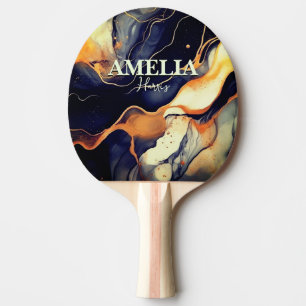 Elegant blue black marble art faux gold glitter ping pong paddle