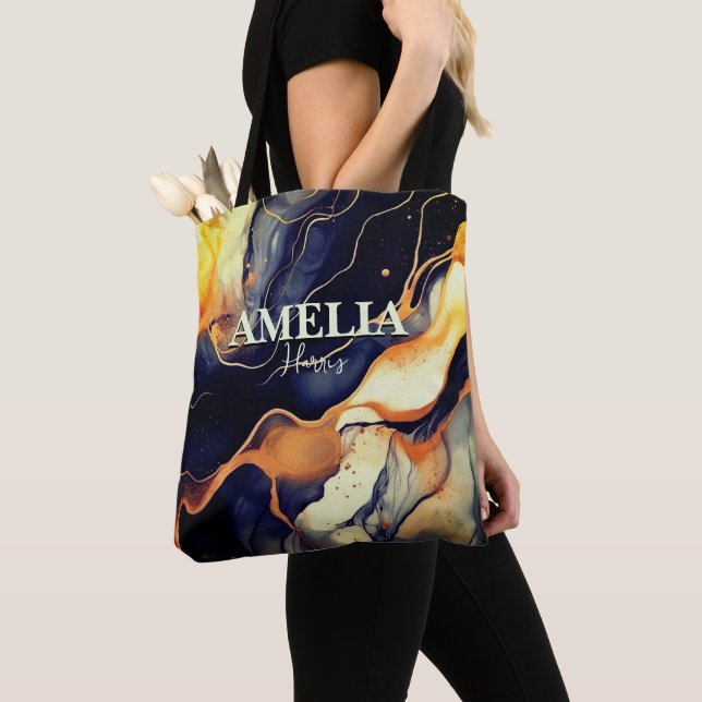 Elegant blue black marble art faux gold glitter tote bag (Close Up)