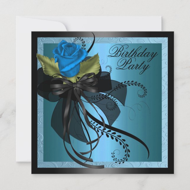 Elegant Blue & Black Rose Birthday Invitation (Front)