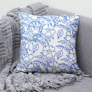 Elegant BLue Blossom FLoral print pattern on white Throw Pillow