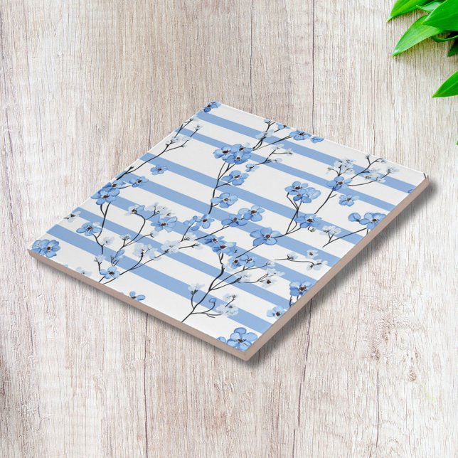 Elegant Blue Blossoms and Striped Floral Pattern Tile (Creator Uploaded)